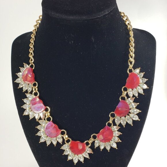 Gold Tone Floral Statement Necklace – Red Gem Glamorous & Dazzling Crystal 18" - Picture 5 of 10